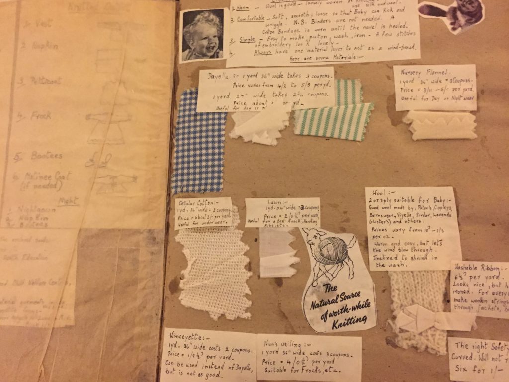 Samples of material and handwritten notes explaining how to make baby gowns
